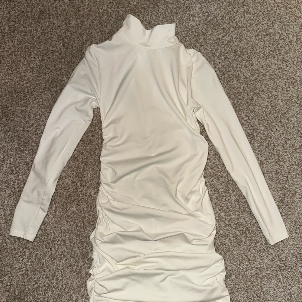 Elegant White Turtleneck  runched Dress